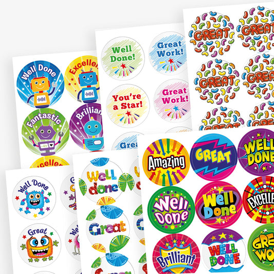 A scented variety pack of colourful reward sticker sheets featuring different designs and messages. Phrases include 'Well Done!', 'Great Work!', 'You're a Star!', 'Fantastic', 'Amazing', 'Brilliant', and 'Excellent'. Designs include cartoon robots, stars, colourful leaves, bold comic-style text, and cheerful characters. Each sheet has a unique theme and layout to celebrate pupil achievements.