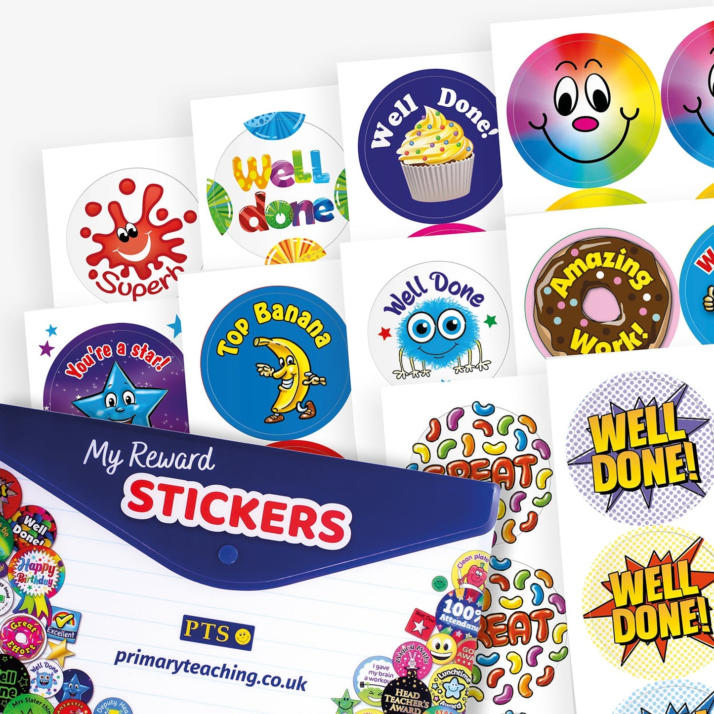 Selection of 10 sheets of scented stickers with phrases such as 'Well Done', 'Amazing Work', 'You're a star!' and 'Great'.  A blue and white plastic folder printed with different stickers and saying 'My Reward Stickers' completes the image