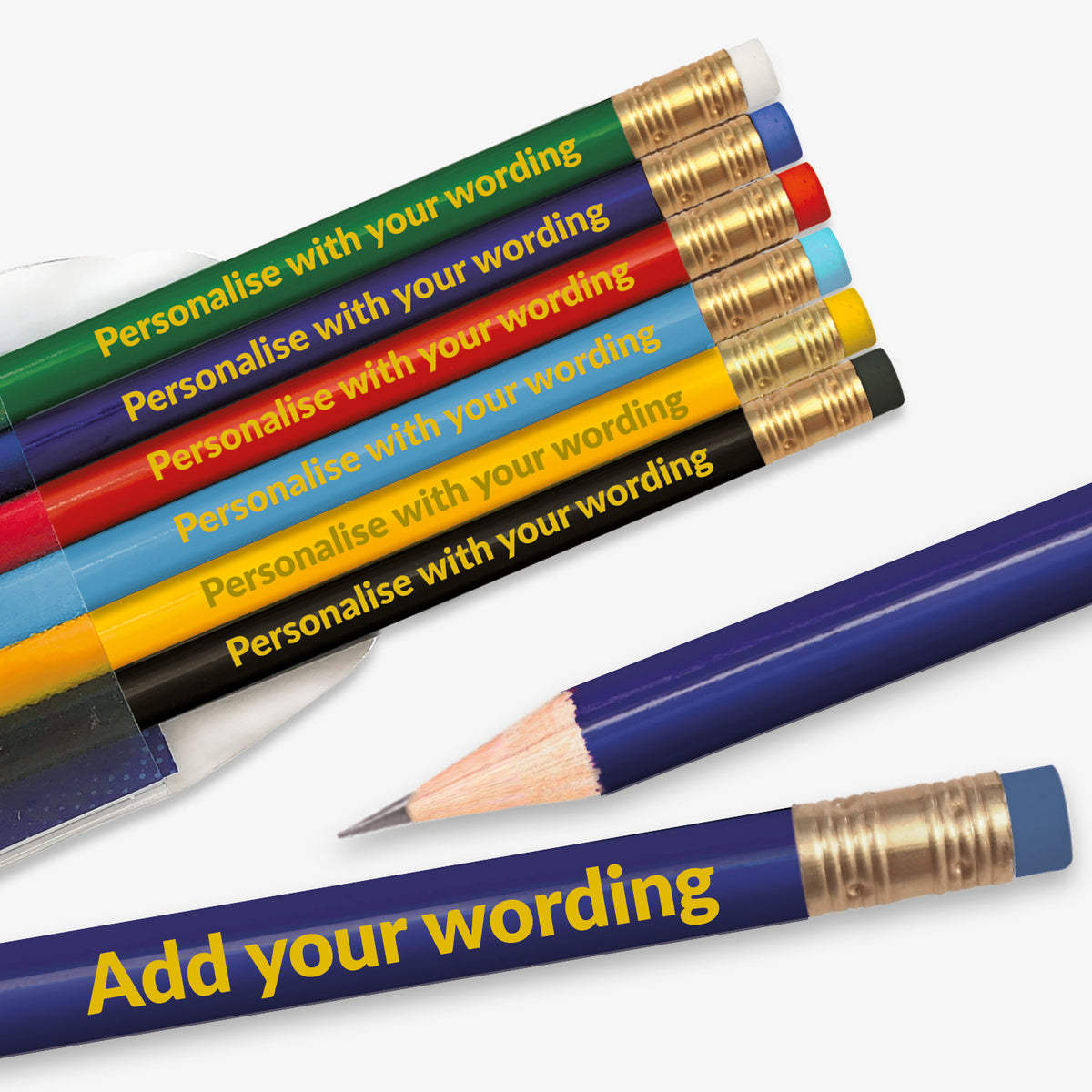 Personalised set of 6 HB pencils, each barrel a different colour.  With space to customise text on the barrel, complete with eraser.  Designed for classroom rewards or promotional use.