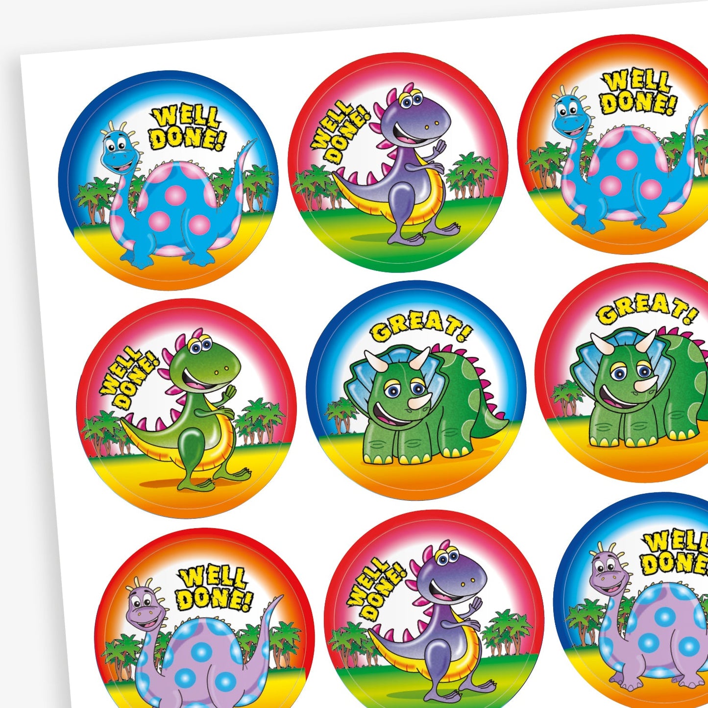 Sheet of colourful reward stickers featuring a variety of cartoon dinosaurs against a backdrop of trees with either blue, pink or red borders. Messages include 'Well Done' and 'Great'