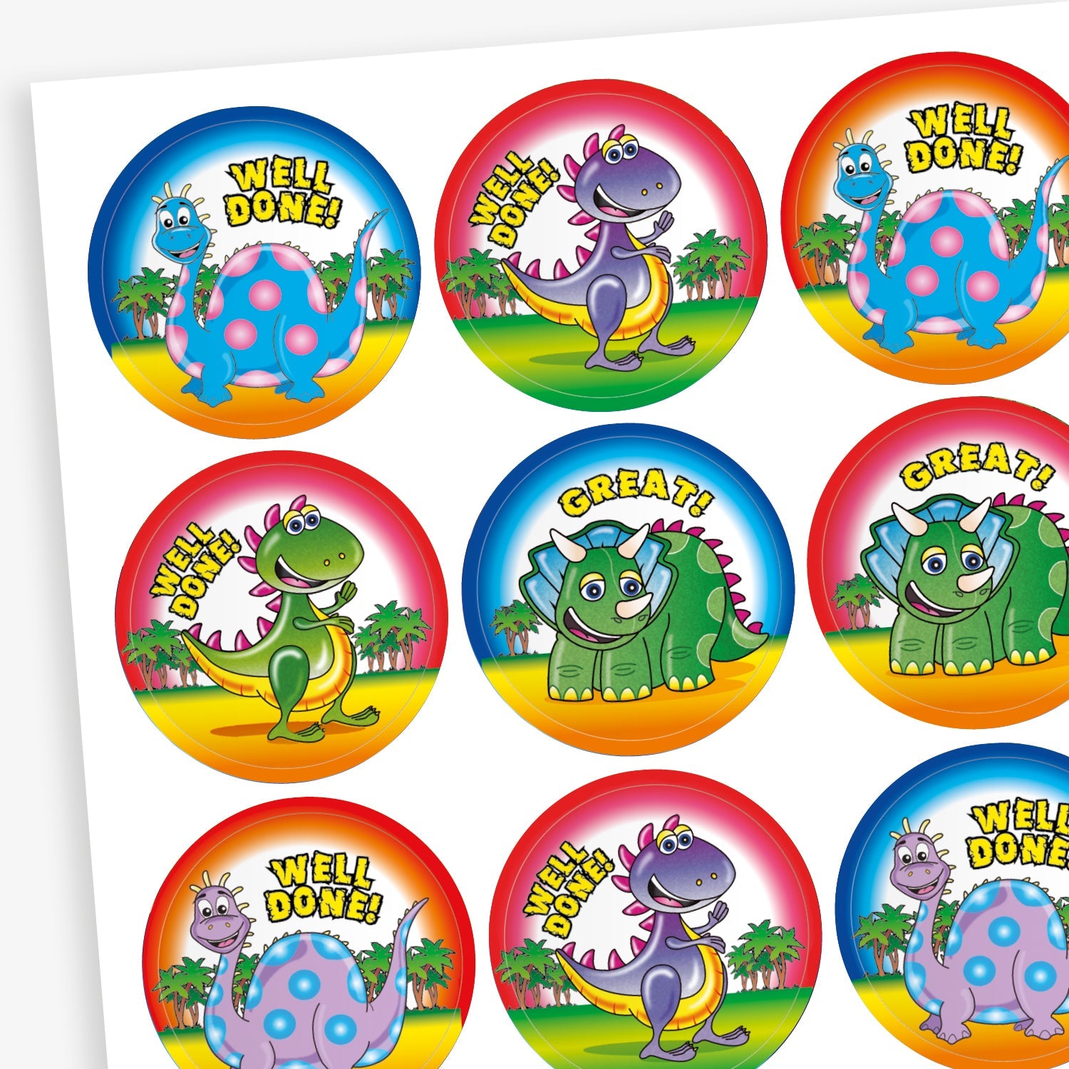 Sheet of colourful reward stickers featuring a variety of cartoon dinosaurs against a backdrop of trees with either blue, pink or red borders. Messages include 'Well Done' and 'Great'