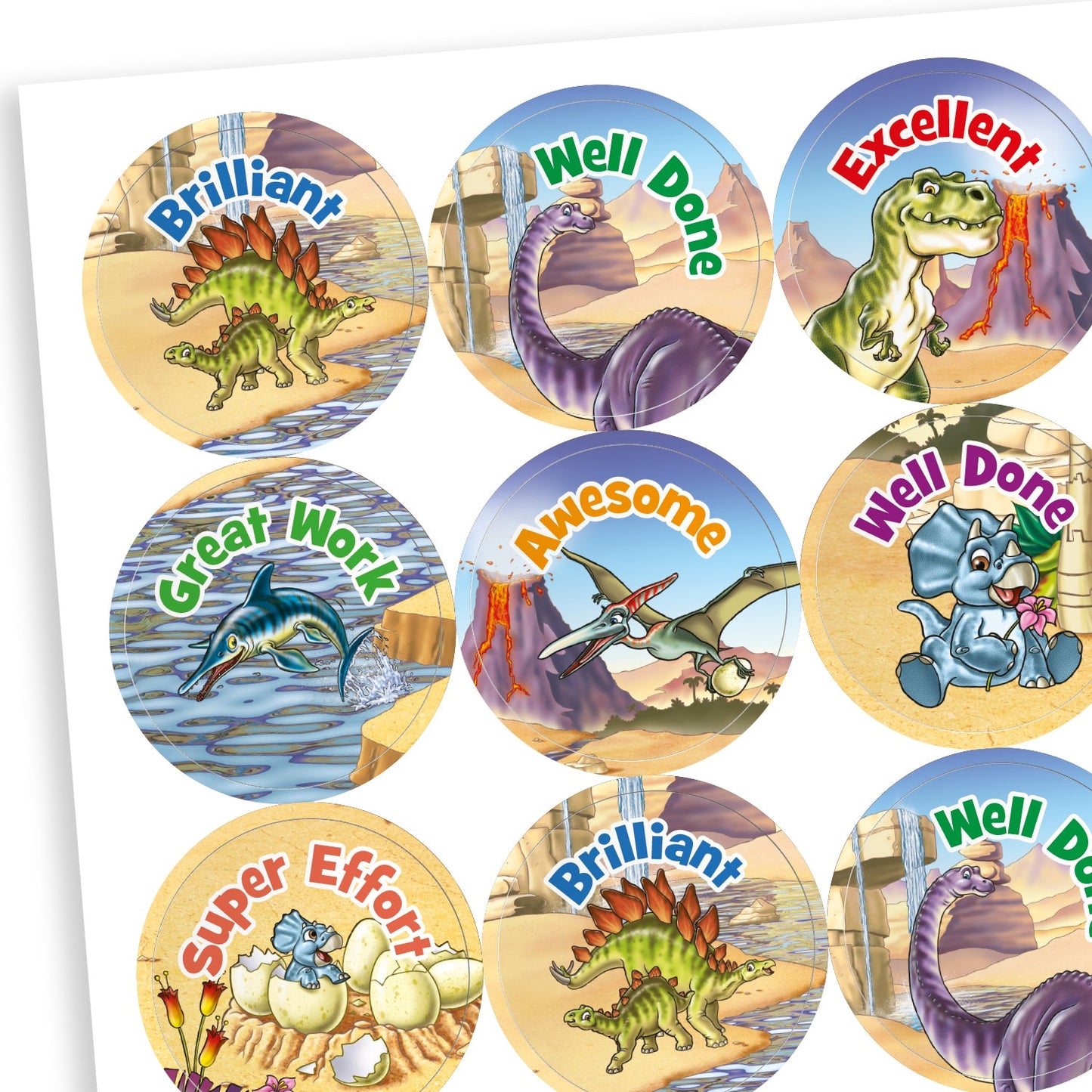 Sheet of muted coloured reward stickers featuring a variety of dinosaurs against a backdrop deserts, water and a volcano. Messages include 'Well Done', 'Awesome', 'Great Work' and 'Super Effort'