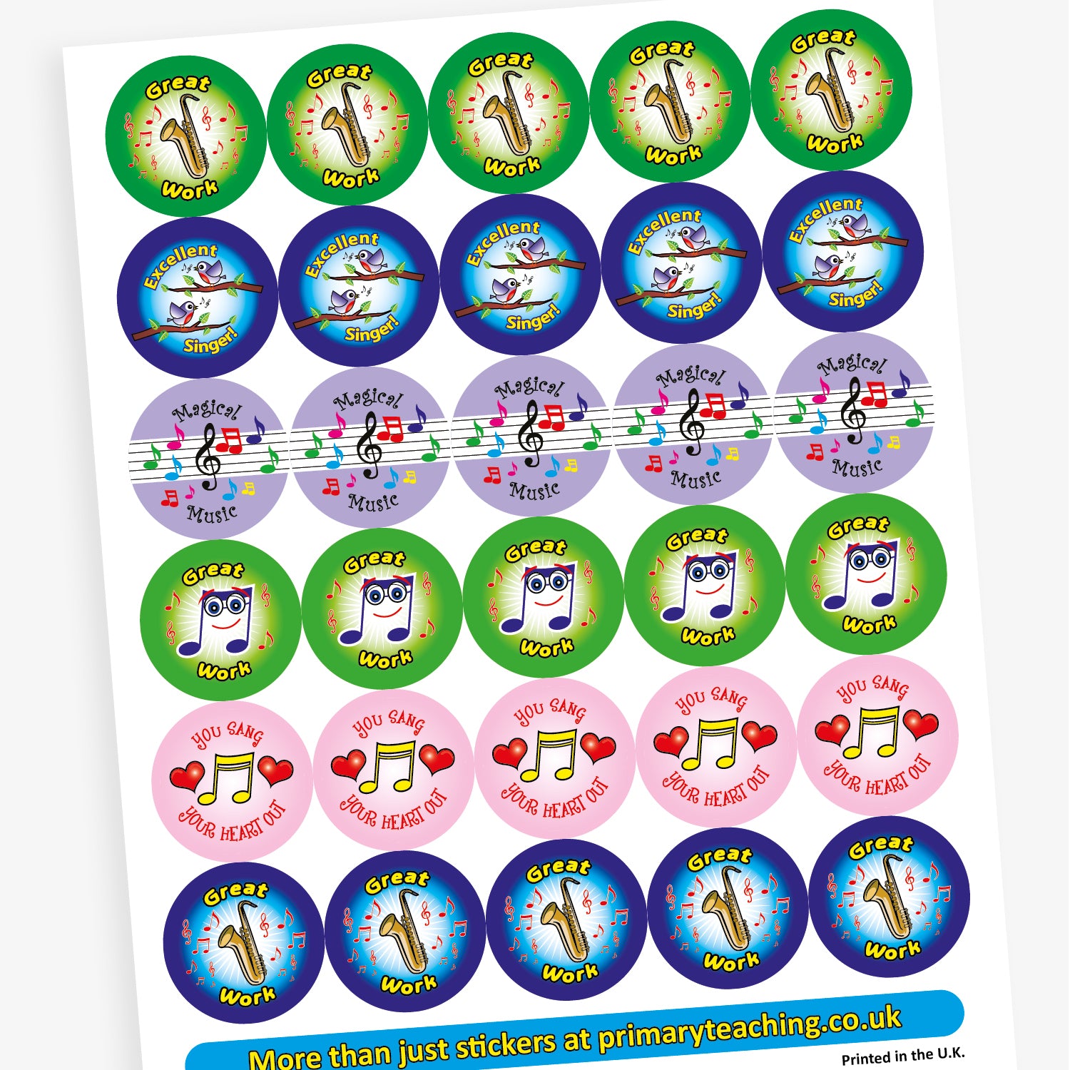 An overview of a sheet of circular music-themed reward stickers with various designs and messages. Phrases include 'Great Work' with a saxophone, 'Magical Music' with colourful notes on a stave, 'Excellent Singer!' with singing birds, 'YOU SANG YOUR HEART OUT' with a musical note and red hearts, and 'Great Work' with a smiling musical note wearing glasses. Background colours include green, blue, purple, and pink, all with bright, engaging illustrations.
