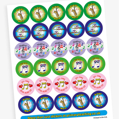 An overview of a sheet of circular music-themed reward stickers with various designs and messages. Phrases include 'Great Work' with a saxophone, 'Magical Music' with colourful notes on a stave, 'Excellent Singer!' with singing birds, 'YOU SANG YOUR HEART OUT' with a musical note and red hearts, and 'Great Work' with a smiling musical note wearing glasses. Background colours include green, blue, purple, and pink, all with bright, engaging illustrations.