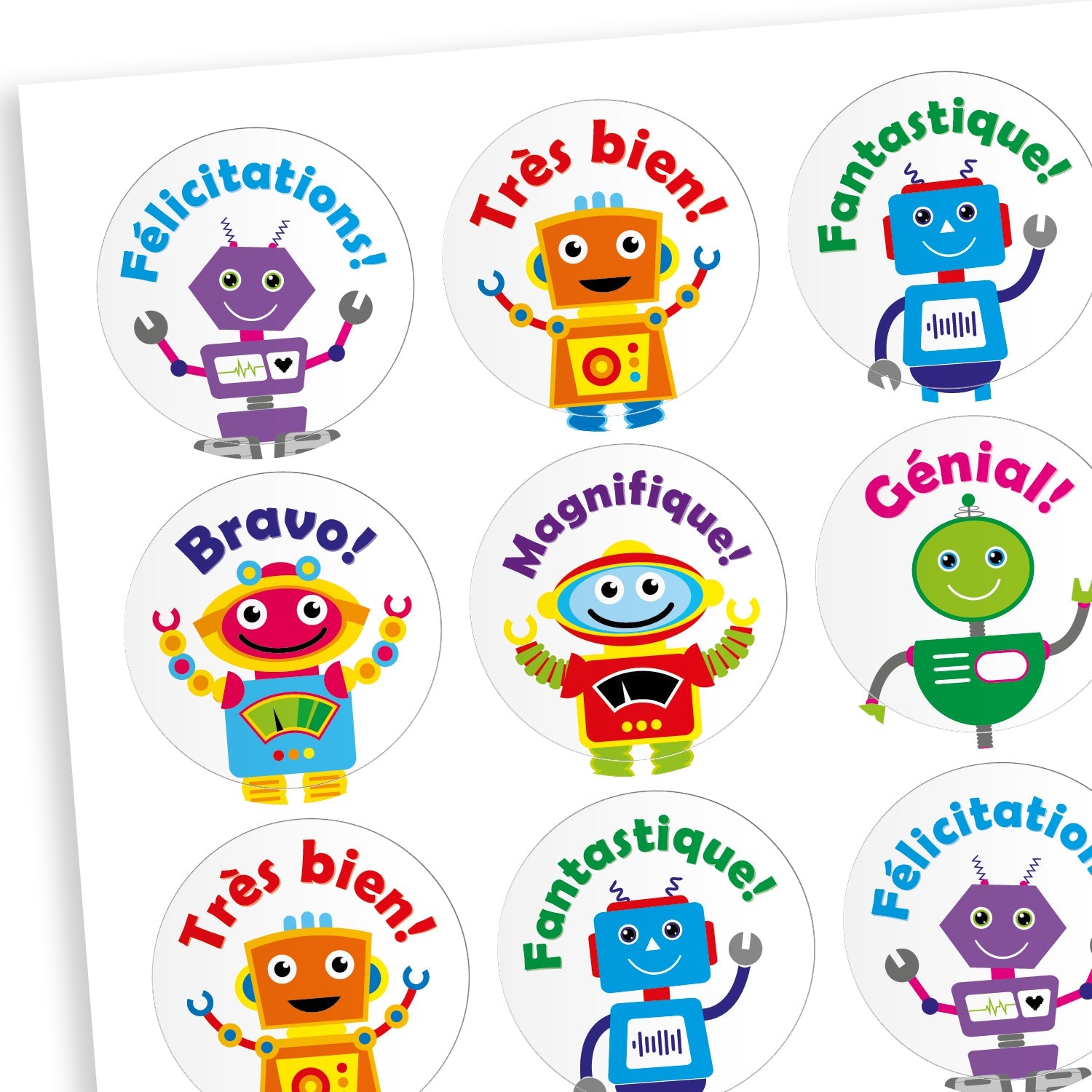 Sheet of bright coloured reward stickers featuring a range of colourful robots. Messages in French include 'Fantastique', 'Magnifique' and 'Bravo!'.