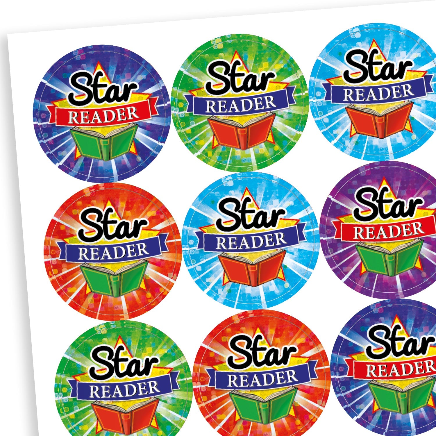 A sheet of circular, holographic, reward stickers with the phrase 'Star Reader' in bold black and white text over a red and blue banner. Each sticker features a colourful open book and a tie-dye style background in various bright colours such as blue, green, red, purple, and orange.
