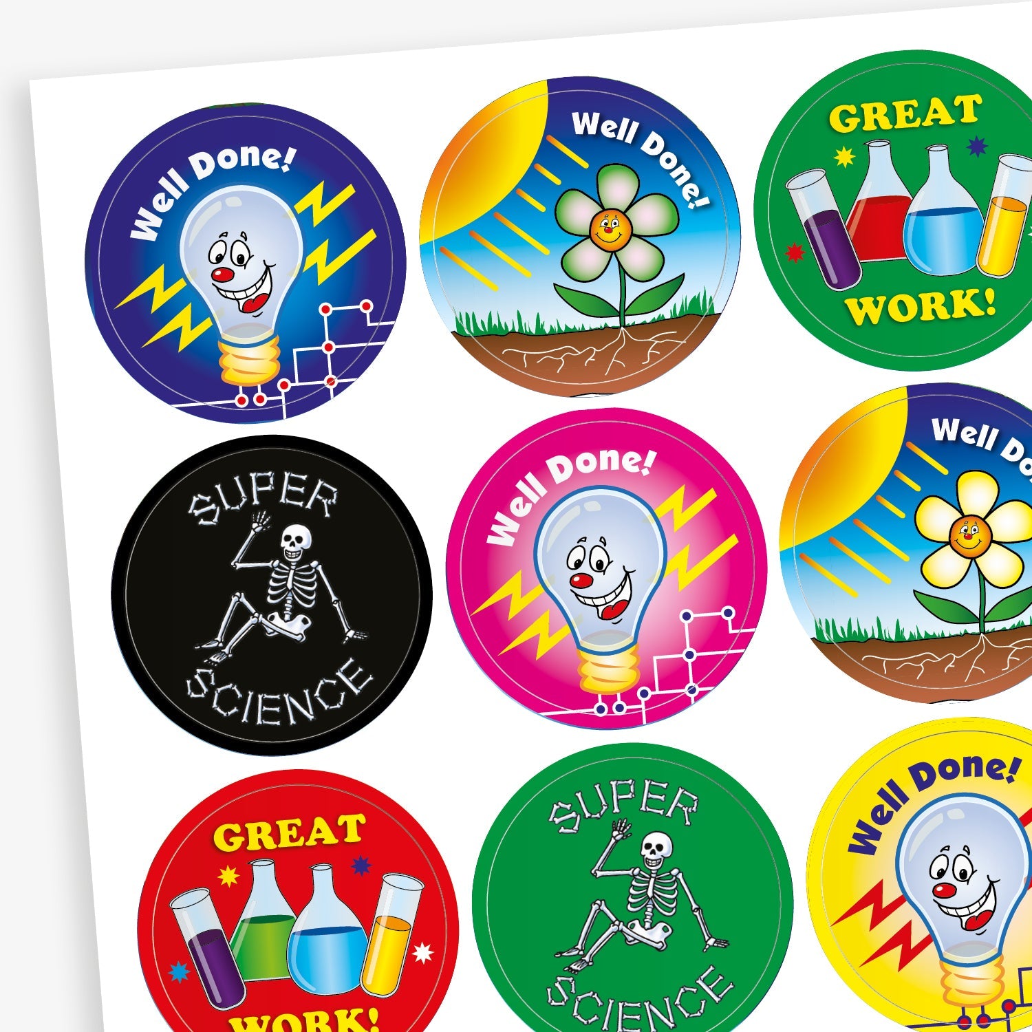 A sheet of colourful circular science-themed reward stickers. Designs include: a smiling lightbulb with 'Well Done!', a growing plant under the sun, test tubes and beakers with 'GREAT WORK!', a skeleton with 'SUPER SCIENCE', and various bright backgrounds in colours like blue, pink, red, green, and yellow.