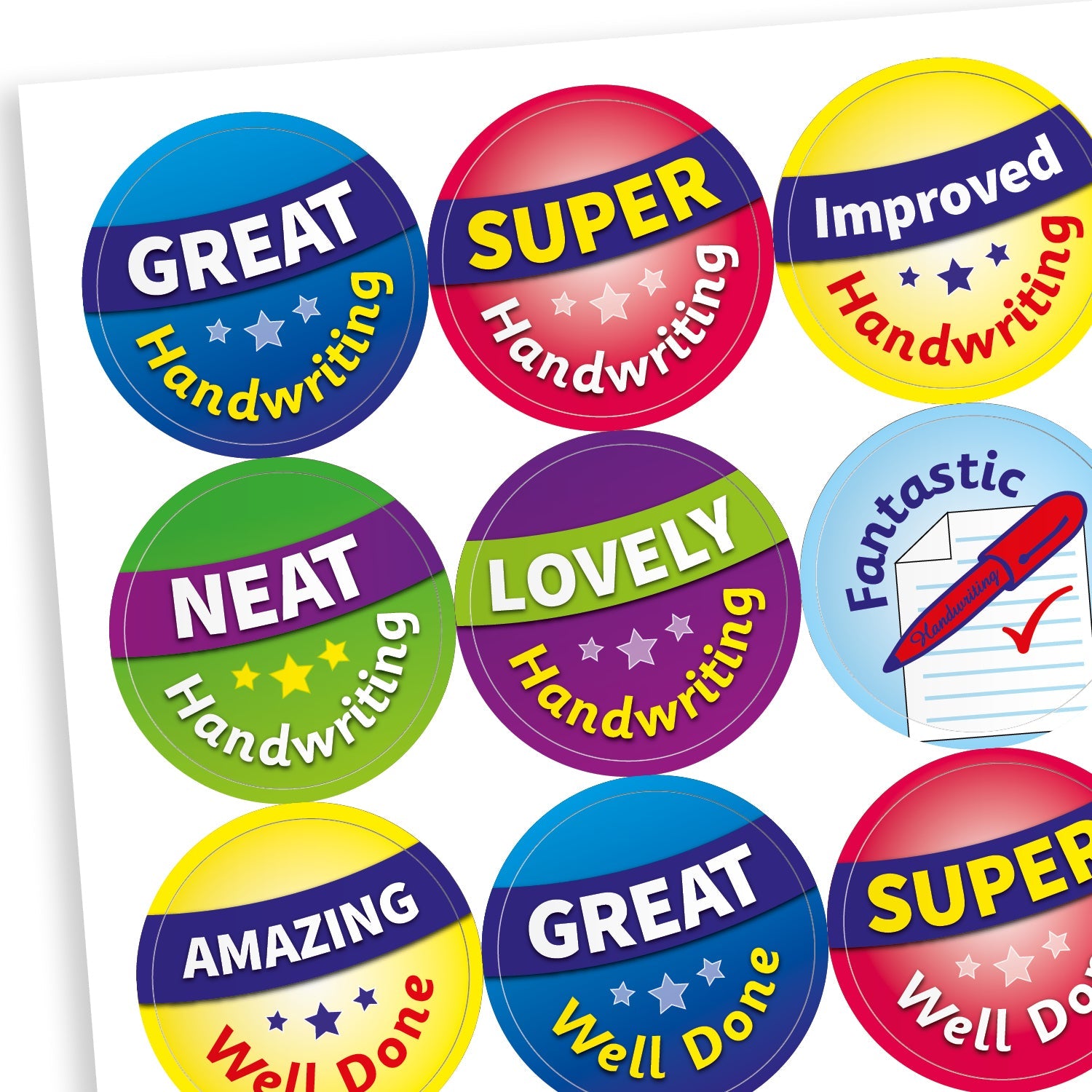 A sheet of brightly coloured circular reward stickers, each featuring positive feedback for handwriting and achievement. Phrases include: 'GREAT Handwriting', 'SUPER Handwriting', 'Improved Handwriting', 'NEAT Handwriting', 'LOVELY Handwriting', 'Fantastic' with a pen and paper icon, 'AMAZING Well Done', 'GREAT Well Done', and 'SUPER Well Done'. Stickers have vibrant backgrounds in blue, red, green, yellow, and purple with stars.