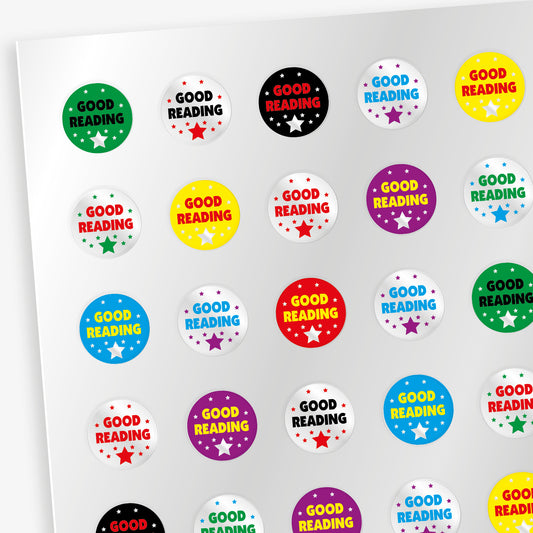 4 Sheets of 196 metallic 10mm circular reward stickers in assorted colours, featuring the phrase 'Good Reading' above a star with smaller stars surrounding.   Colourful backgrounds such as red, yellow, cyan, silver and black with contracting writing colour. Each sticker is designed to motivate and reward pupils, suitable for use on charts, books, and clothing.