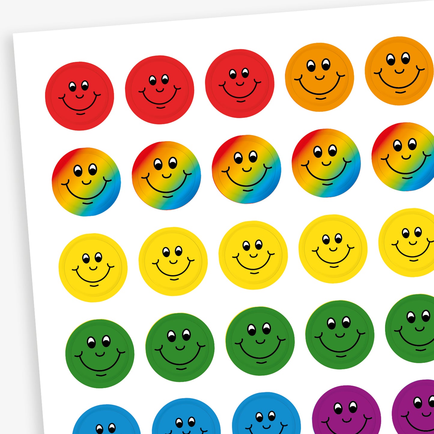 16 Sheets of 196 assorted 10mm circular reward stickers featuring a smiling face on colourful backgrounds such as red, orange, rainbow, yellow, green, blue or purple . Each sticker is designed to motivate and reward pupils, suitable for use on charts, books, and clothing.