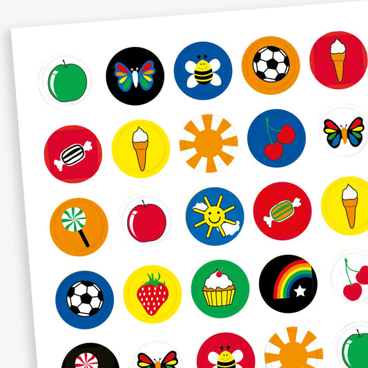 Sheet of 196 assorted 10mm circular reward stickers featuring colourful designs such as smiling suns, butterflies, footballs, and ice creams. Each sticker is designed to motivate and reward pupils, suitable for use on charts, books, and clothing.