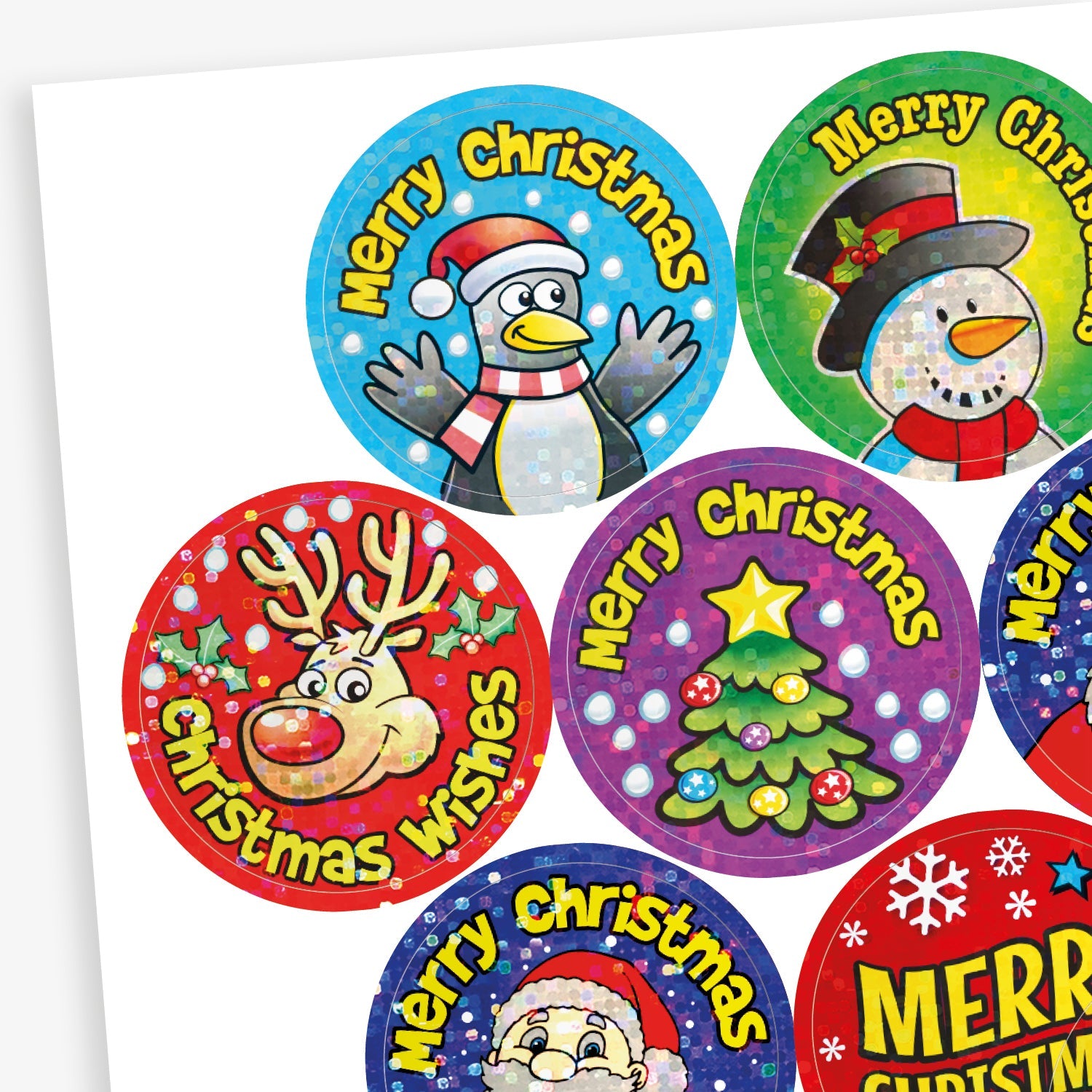A sheet of holographic festive stickers with phrases such as 'Merry Christmas' and 'Christmas Wishes' around a variety of cartoon illustrations including: christmas tree, penguin, Rudolf, snowman and Father Christmas.
