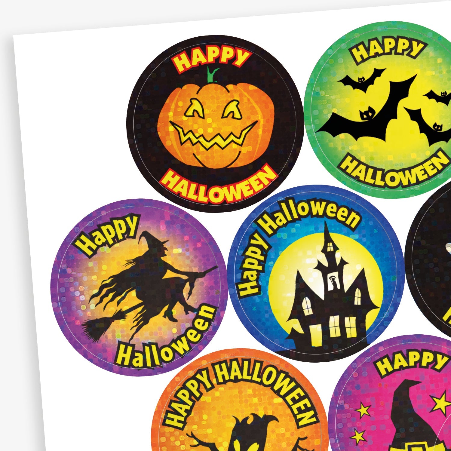 A sheet of holographic spooky stickers with the phrases 'Happy Halloween' around a variety of illustrations including: a carved pumpkin on a black background; a silhoutte of a witch on a brromstick against a purple starry night; bats on a green background and a haunted houe against the moon on a blue background.