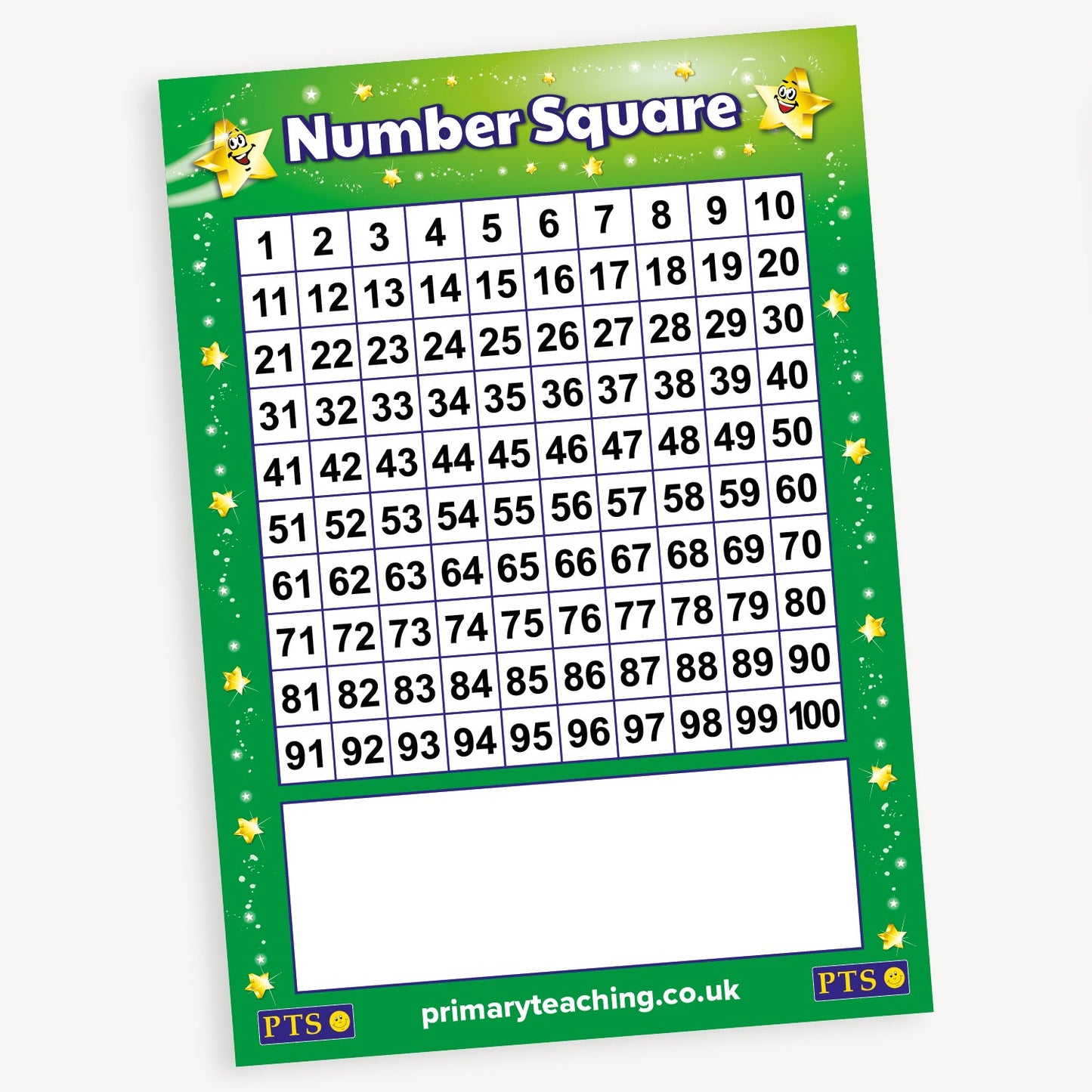A colourful educational chart titled 'Number Square' with a green star-themed border. It displays a grid of numbers from 1 to 100 in rows of ten. A blank white box is featured below the number grid for writing or additional activities.