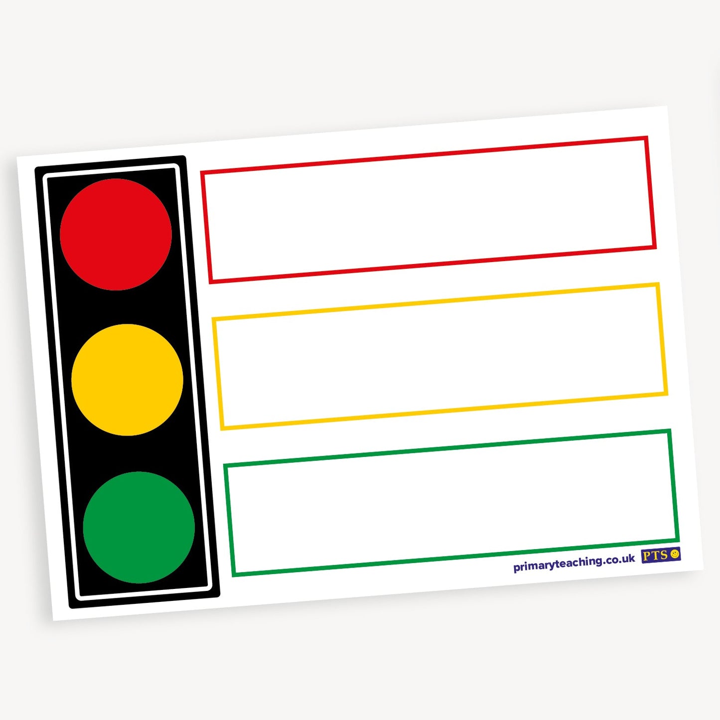 Behaviour chart sticker sheet featuring a traffic light design on the left with red, yellow, and green circles. To the right are three blank rectangular spaces outlined in red, yellow, and green, corresponding to each traffic light colour. The layout is designed for behaviour management or classroom tracking.