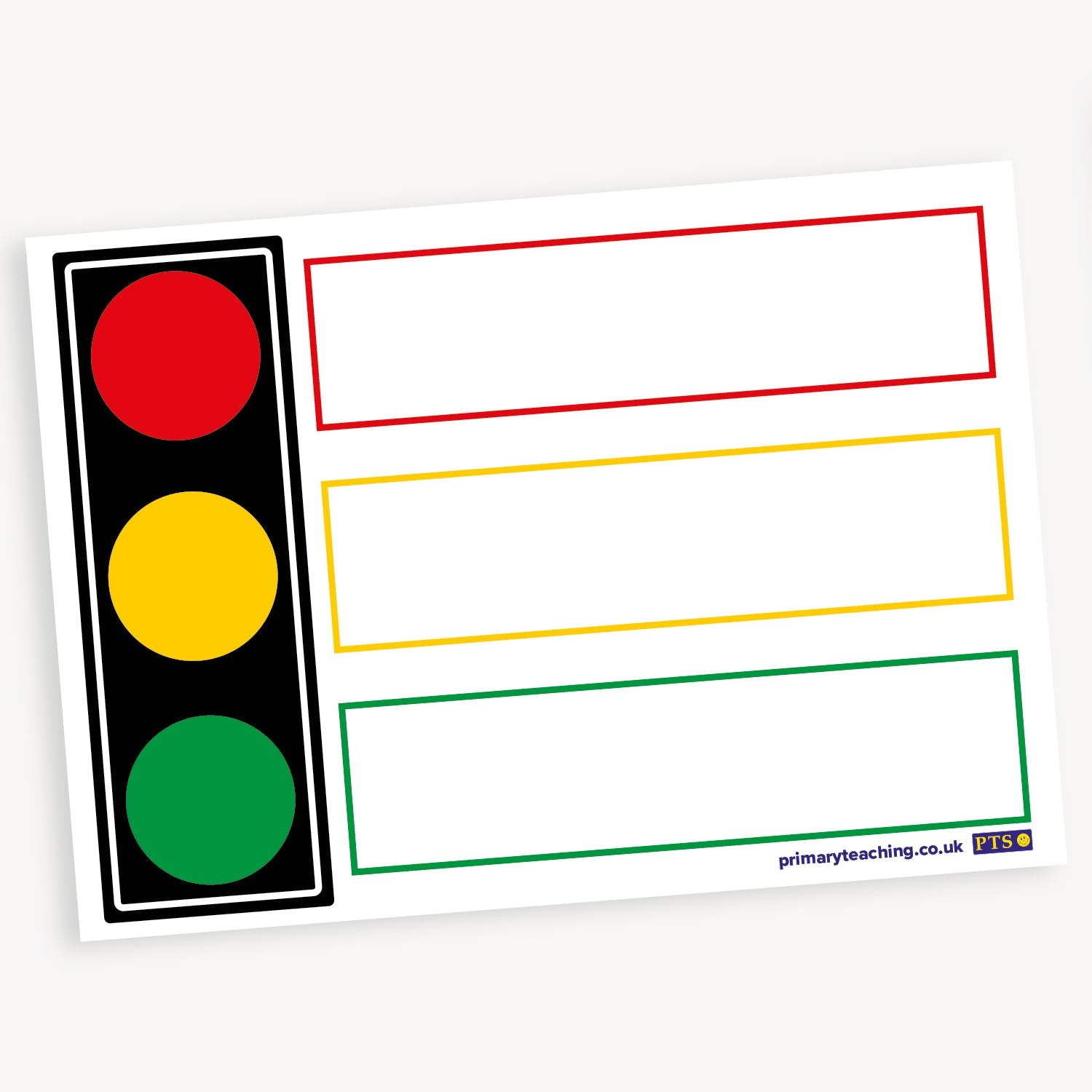Behaviour chart sticker sheet featuring a traffic light design on the left with red, yellow, and green circles. To the right are three blank rectangular spaces outlined in red, yellow, and green, corresponding to each traffic light colour. The layout is designed for behaviour management or classroom tracking.