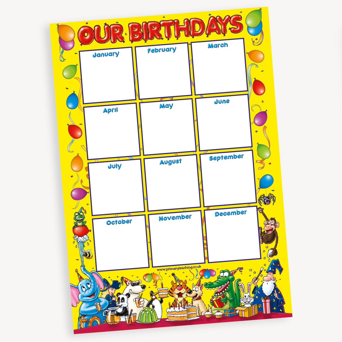 A colourful classroom birthday chart titled 'Our Birthdays' in bold red letters at the top. The chart has a yellow background with balloons and cartoon animals around the border. It contains twelve white boxes arranged in a 3x4 grid, each labelled with a month from January to December in blue text. The bottom features festive cartoon animals, including an elephant, dog, cow, crocodile, and bear, gathered around birthday cakes and presents.