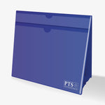 A4 landscape worksheet holder, coated in blue plastic. Stands as an A-Frame with space for a banner heading at the top and insert space for worksheet below