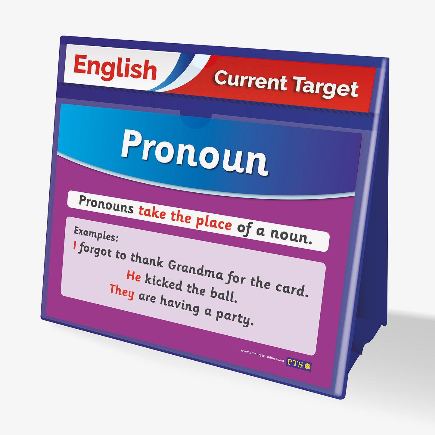 A4 portrait worksheet holder, coated in blue plastic. Stands as an A-Frame with space for a banner heading at the top and insert space for worksheet below