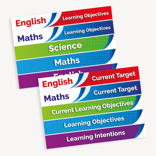 Replacement header inserts for the worksheet holder highlighting blue banner Maths Learning Objectives and Current Target, alongside red banners for English Learning Objectives and Current Target; Green Science and Current Learning Objectives and Purple Learning Intentions.