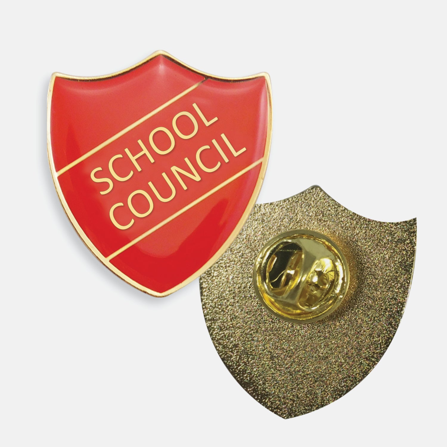 Gold enamel badge in the shape of a shield with gold trim and diagonal gold line either side of the words 'SCHOOL COUNCIL' in capital letters. The reverse side shows a textured gold back with a pin fastening