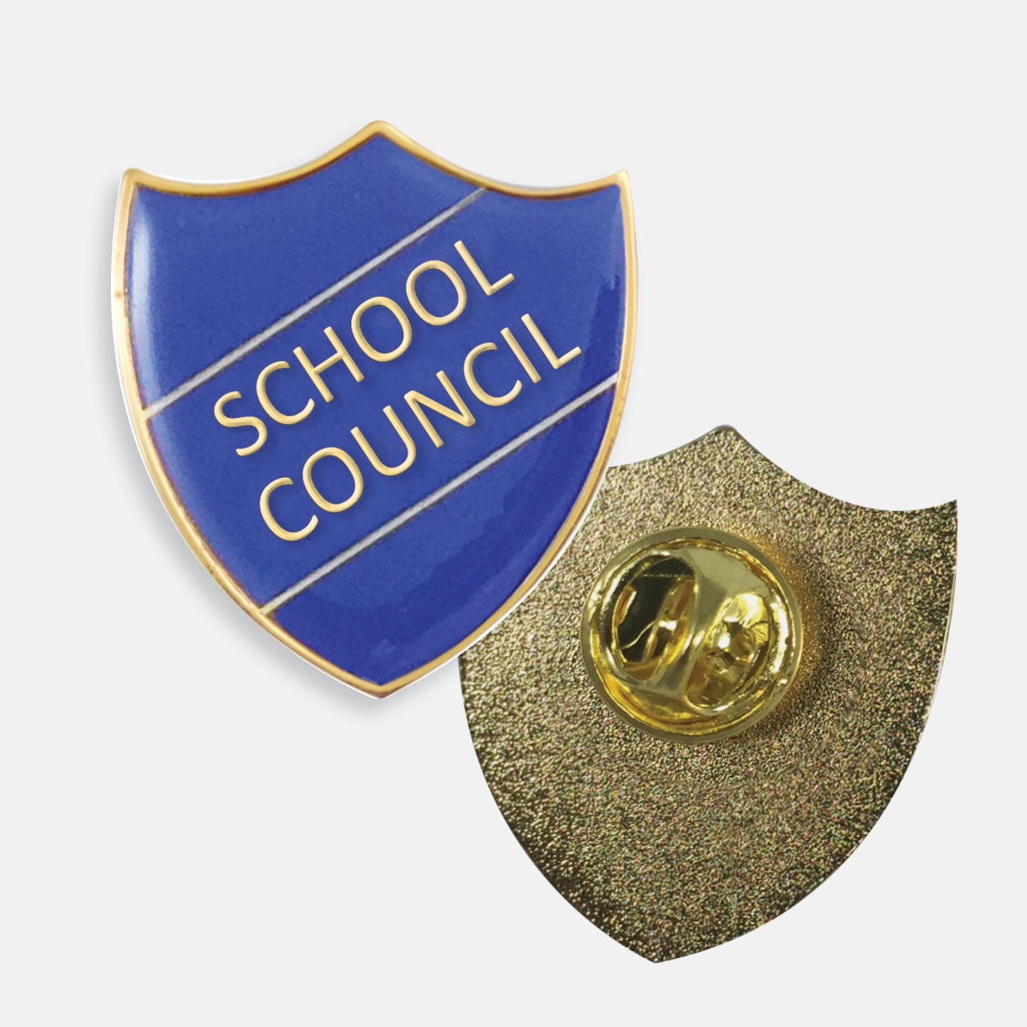 Orchid pink enamel badge in the shape of a shield with gold trim and diagonal gold line either side of the words 'SCHOOL COUNCIL' in capital letters. The reverse side shows a textured gold back with a pin fastening