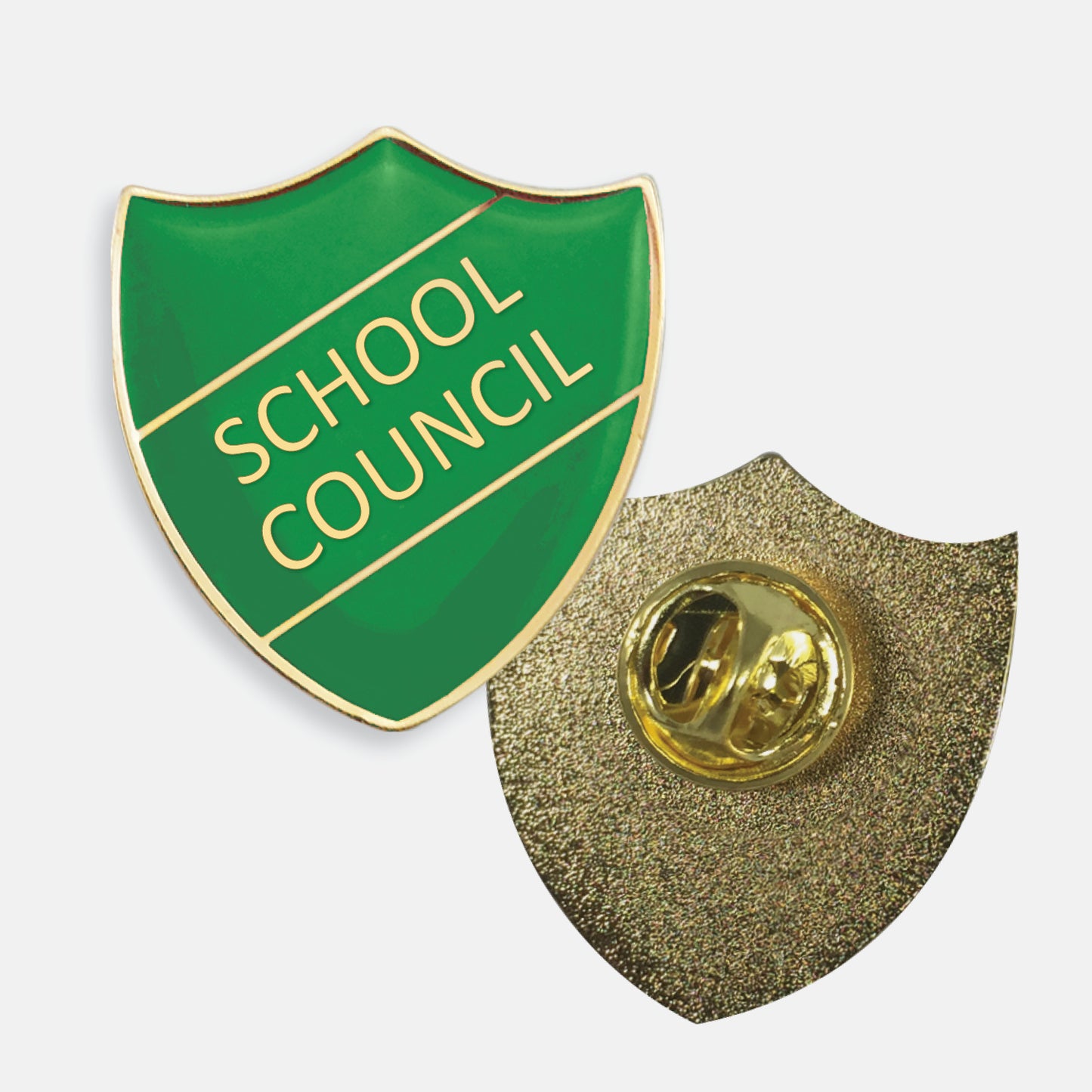 Cyan enamel badge in the shape of a shield with gold trim and diagonal gold line either side of the words 'SCHOOL COUNCIL' in capital letters. The reverse side shows a textured gold back with a pin fastening
