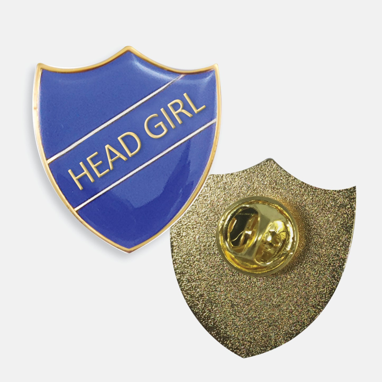 Blue enamel badge in the shape of a shield with gold trim and diagonal gold line either side of the words 'HEAD GIRL' in capital letters. The reverse side shows a textured gold back with a pin fastening