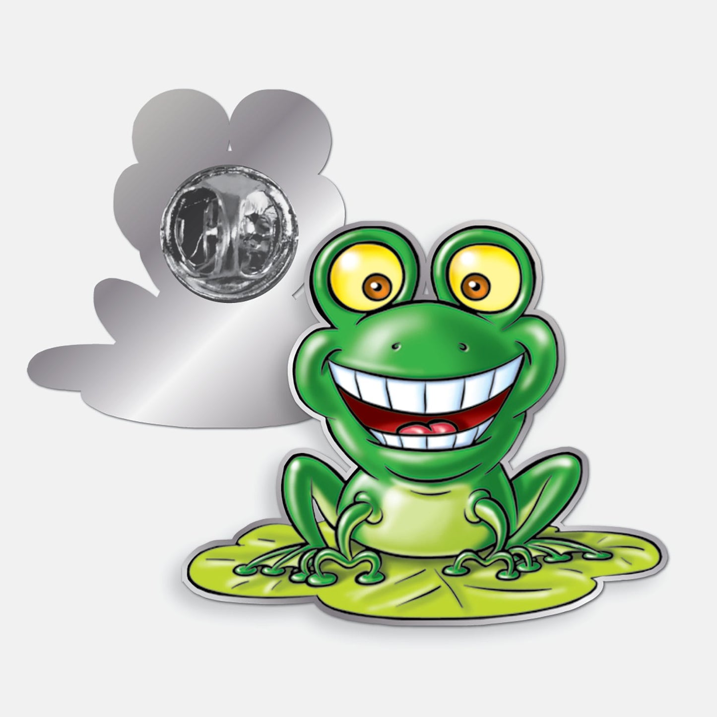 Green enamel frog shaped badge featuring a cheerful green frog with wide eyes and a big smile, sitting on a lily pad.  The reverse shows a silver back with butterfly pin.
