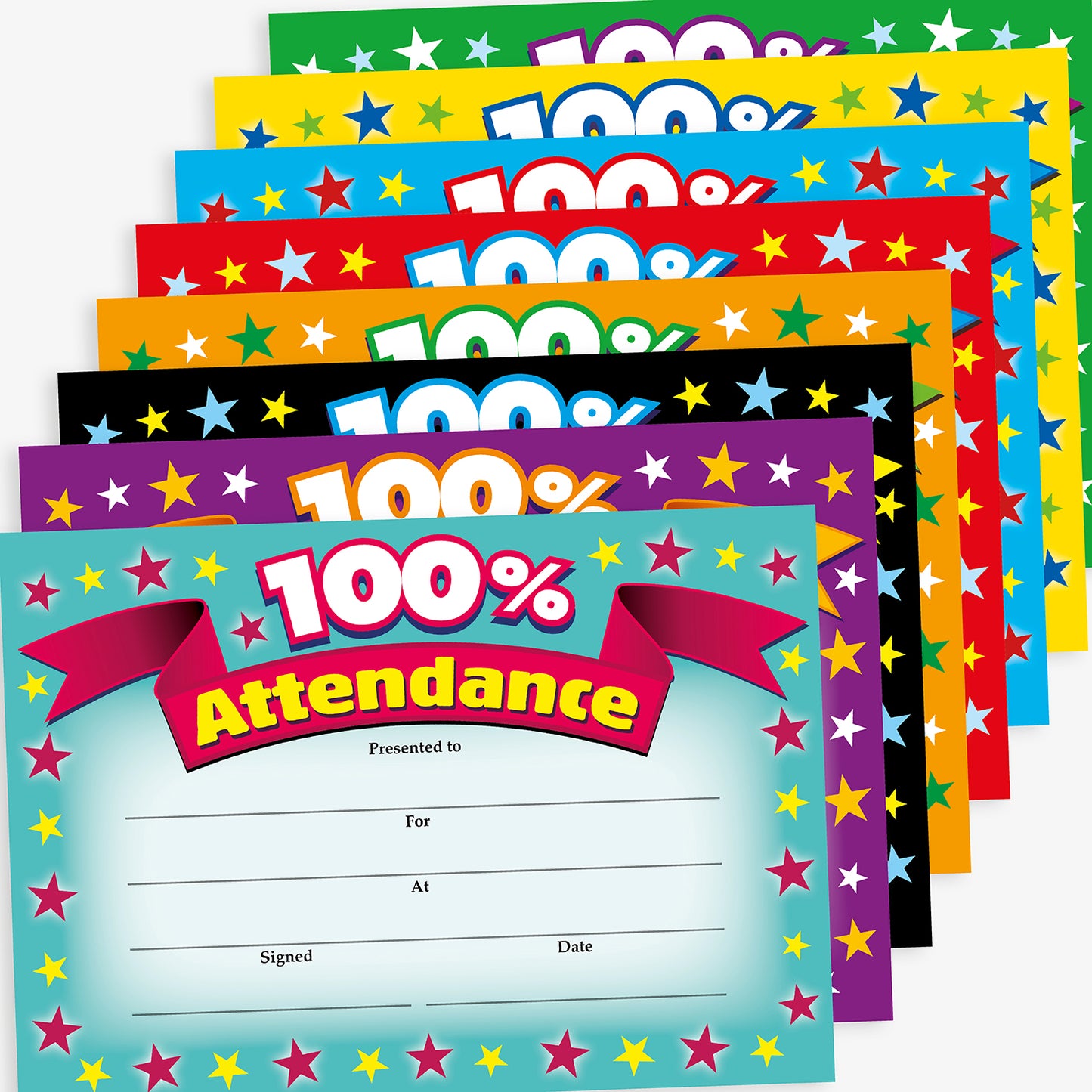 A set of '100% Attendance Award' landscape certificates in various colours including green, red, blue, and purple. Each certificate features bold text with star decorations and blank lines for the recipient’s name, reason, where, signature, and date.