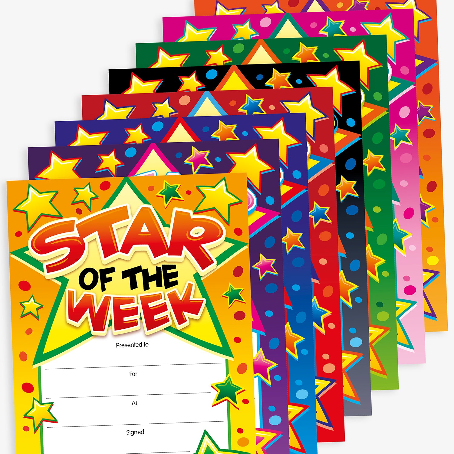 A set of colourful 'Star of the Week' certificates in various vibrant colours including yellow, red, blue, green, and pink. Each certificate features bold text with stars and polka dot patterns. There are blank fields for the recipient’s name, reason for award, and signatures.