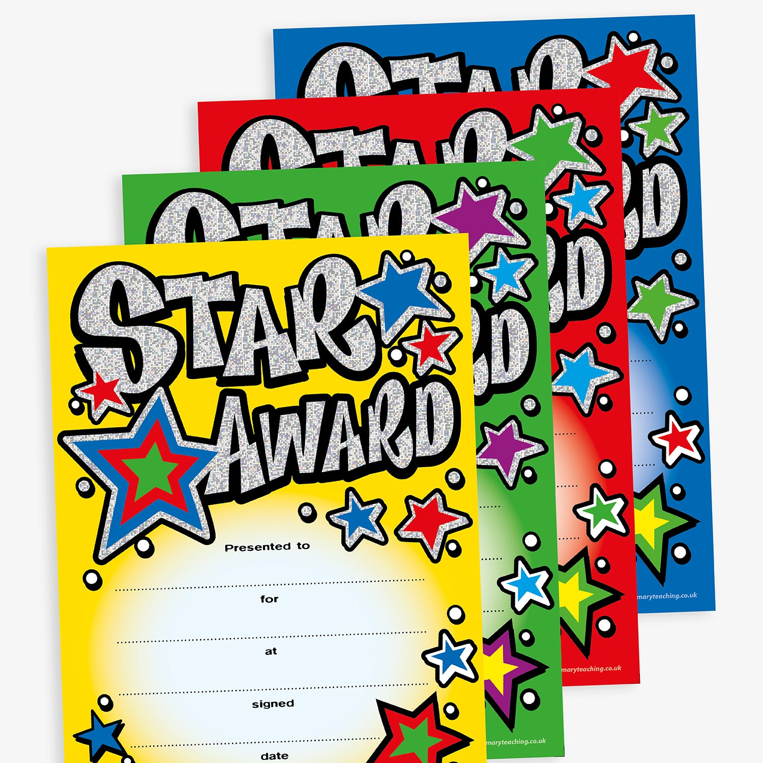 Four brightly coloured 'Star Award' certificates in yellow, green, red, and blue. The title 'Star Award' is written in large, glittery block letters at the top, surrounded by multicoloured stars of varying sizes. Each certificate has a white space with fill-in-the-blank lines labelled: 'Presented to', 'for', 'at', 'signed', and 'date'. The certificates are stacked slightly offset to show all colour variations.