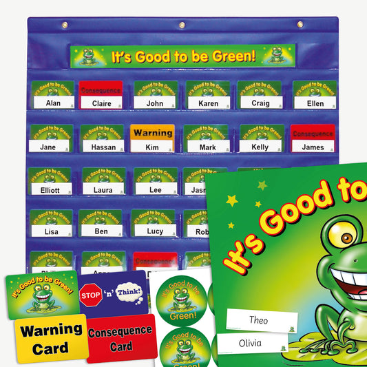 It's Good to be Green!' classroom behaviour chart with individual name slots displaying coloured cards for behaviour tracking—green for positive, yellow for warning, and red for consequence. Includes a cartoon frog and additional materials like stickers, warning cards, poster and personalised name tags.