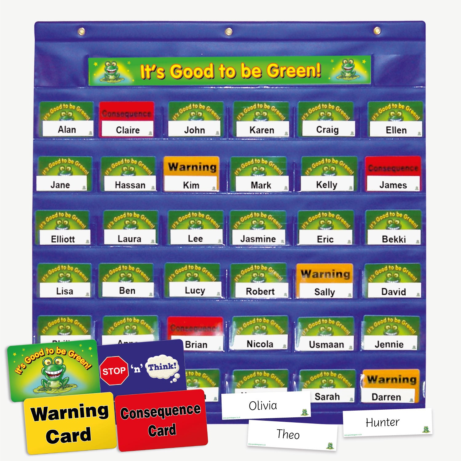 It's Good to be Green!' classroom behaviour chart with six rows of student name slots, each showing coloured cards: green for good behaviour, yellow for warning, and red for consequence. Names include Claire, Kim, and Darren, among others. Additional warning and consequence cards and name tags are displayed at the bottom.