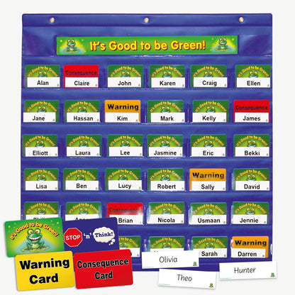 It's Good to be Green!' classroom behaviour chart with six rows of student name slots, each showing coloured cards: green for good behaviour, yellow for warning, and red for consequence. Names include Claire, Kim, and Darren, among others. Additional warning and consequence cards and name tags are displayed at the bottom.