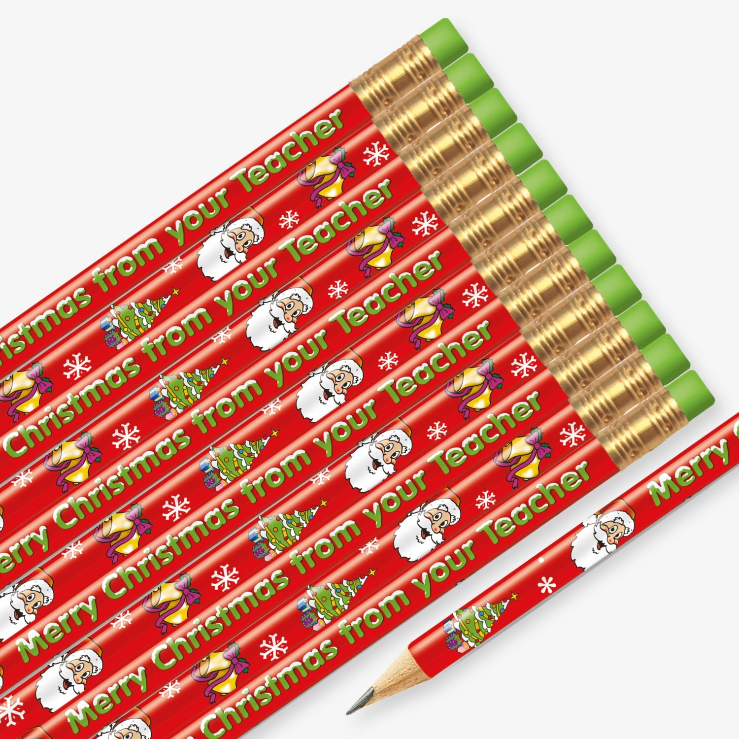 Set of 12 pre-sharpened pencils with erasers, each featuring a red background with festive icons - gold bells, christmas tree, Father Christmas and snow flakes with the wording  'Merry Christmas from your Teacher' in green text.
