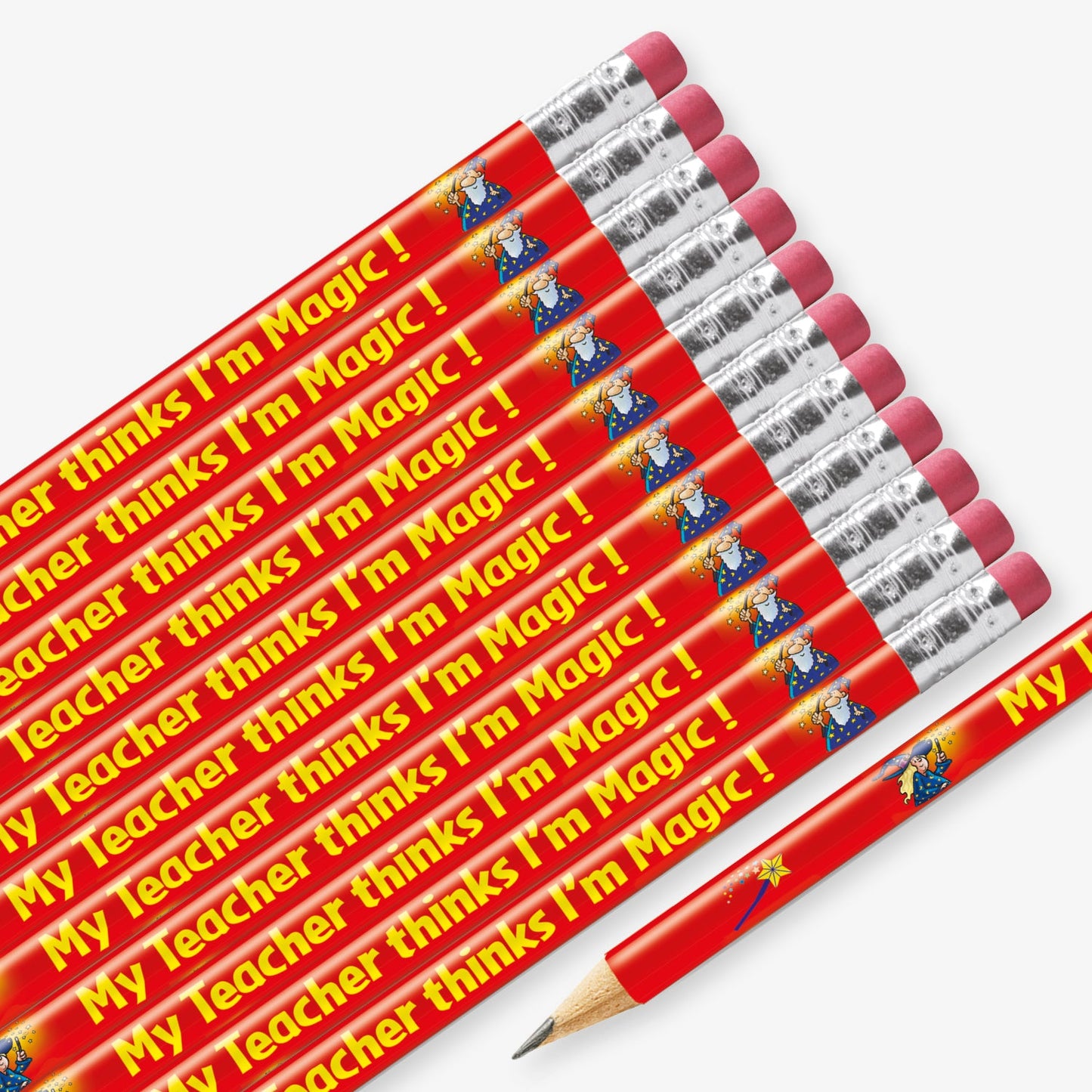 Set of 12 pre-sharpened pencils with erasers, each featuring a red background with a wand, a witch and wizard in blue starry robes and text reading 'My Teacher thinks I'm Magic!' along the side.