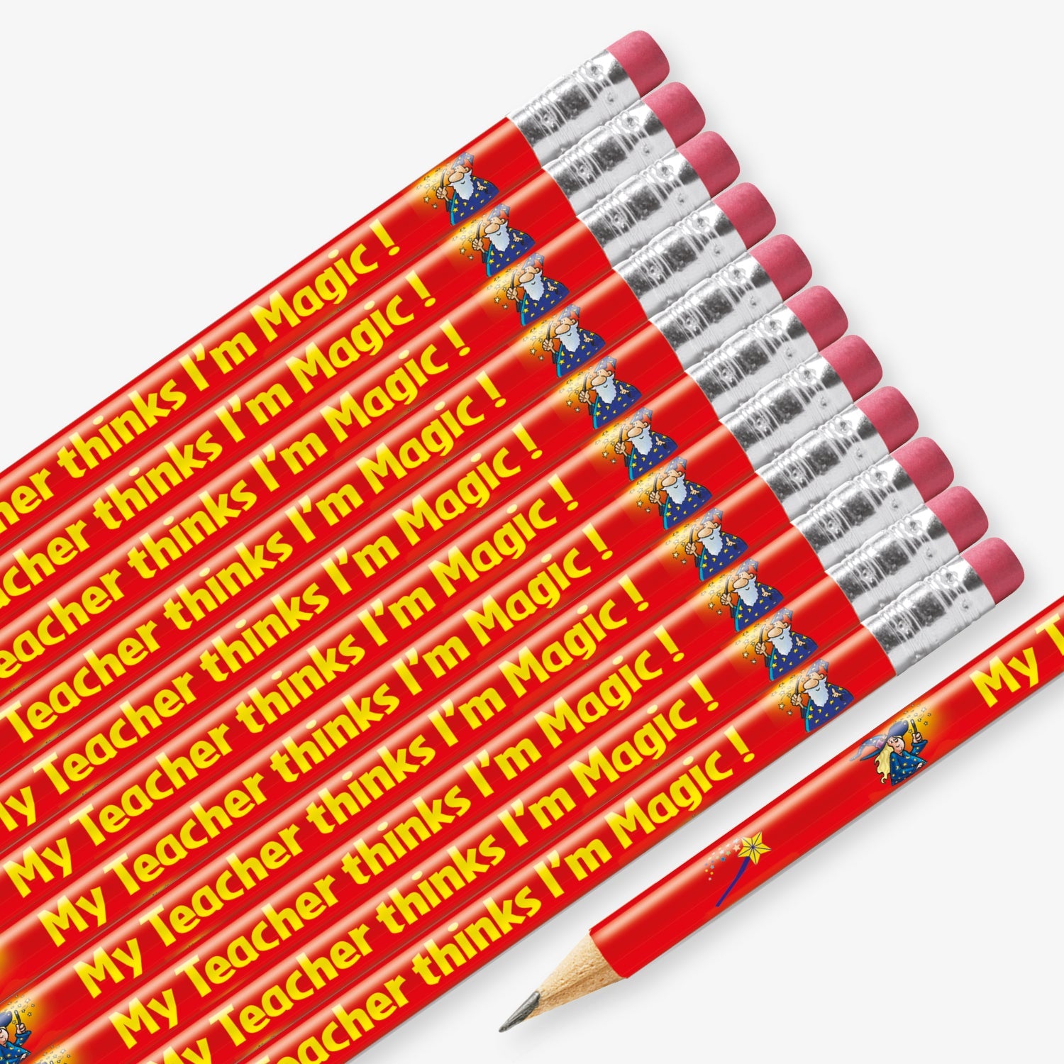 Set of 12 pre-sharpened pencils with erasers, each featuring a red background with a wand, a witch and wizard in blue starry robes and text reading 'My Teacher thinks I'm Magic!' along the side.