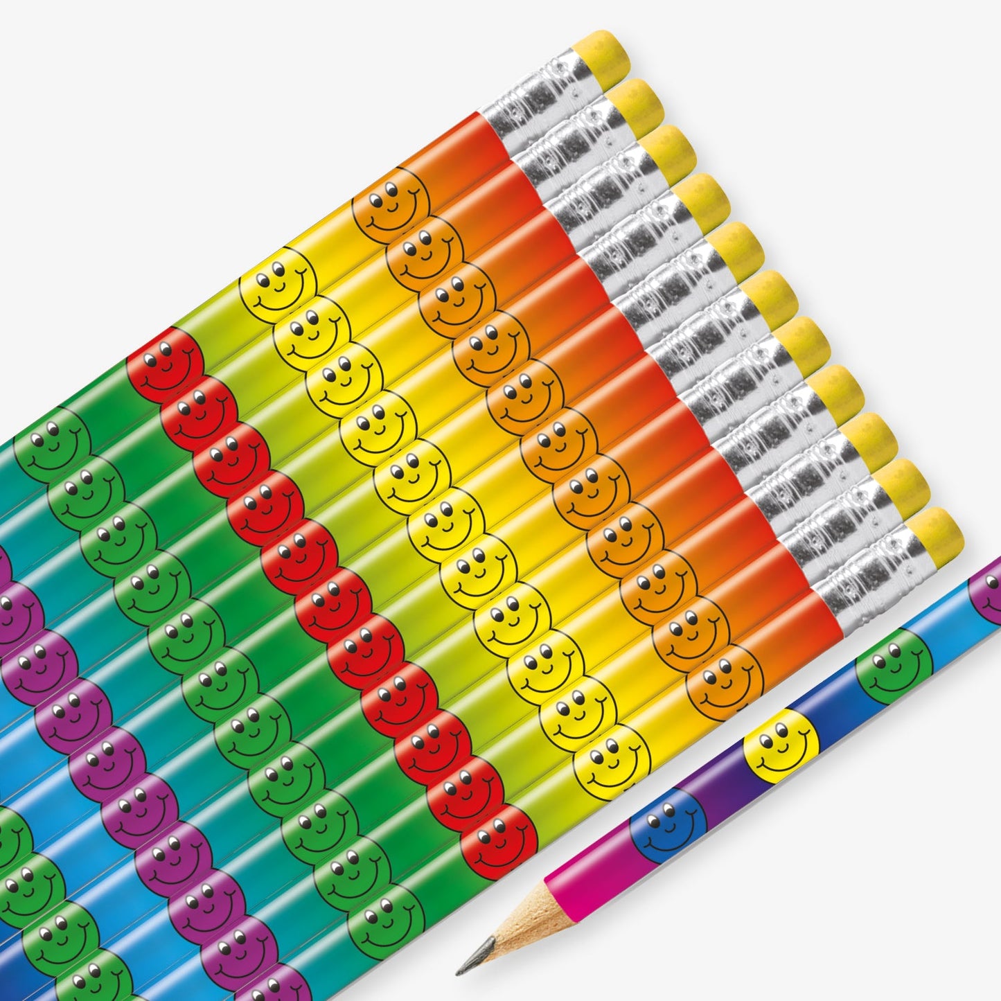 Set of 12 pre-sharpened pencils with erasers, each featuring an spectrum background with smiling emoji faces of contrasting colours. 