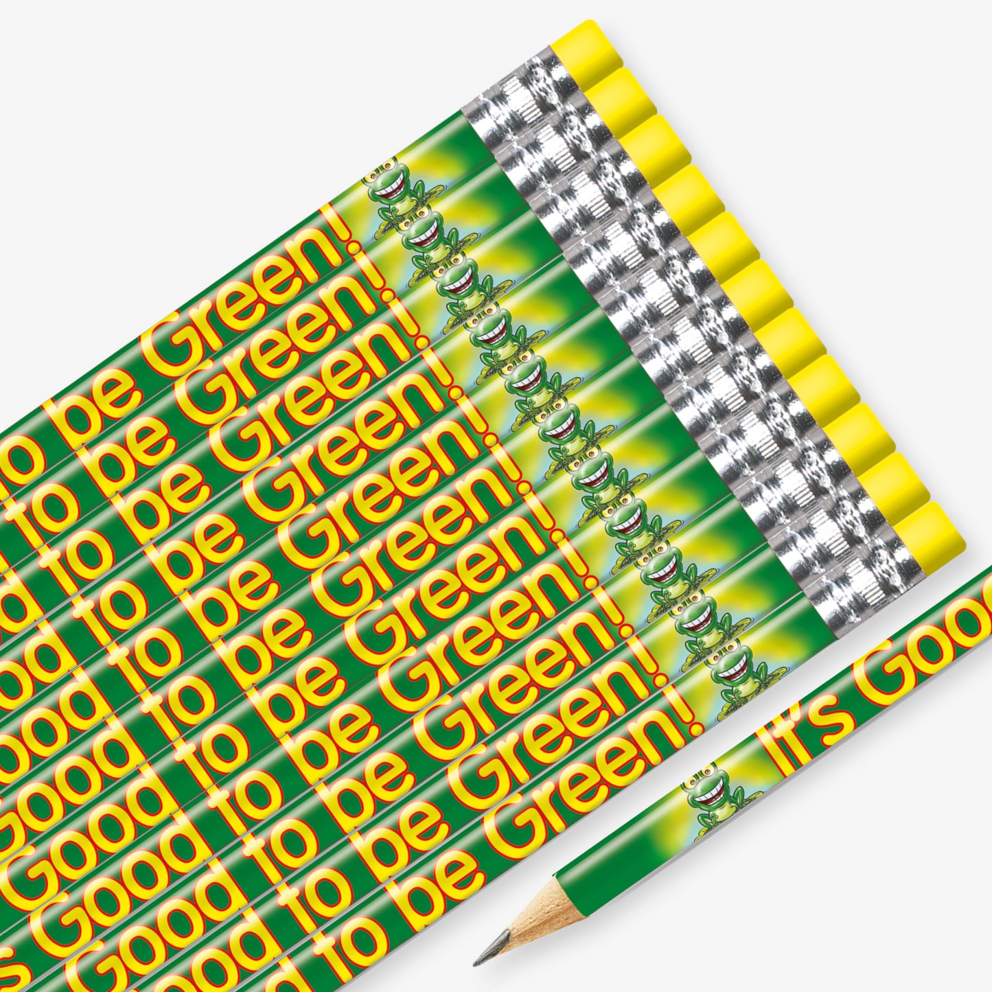 Set of 12 pre-sharpened pencils with yellow erasers, each featuring a vibrant green background with a cheerful green frog illustration with wide eyes and a big smile and yellow text reading 'It's Good to be Green' along the side.
