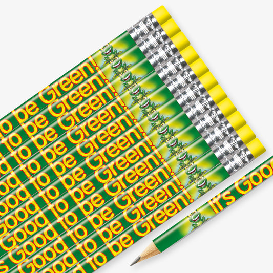 Set of 12 pre-sharpened pencils with yellow erasers, each featuring a vibrant green background with a cheerful green frog illustration with wide eyes and a big smile and yellow text reading 'It's Good to be Green' along the side.