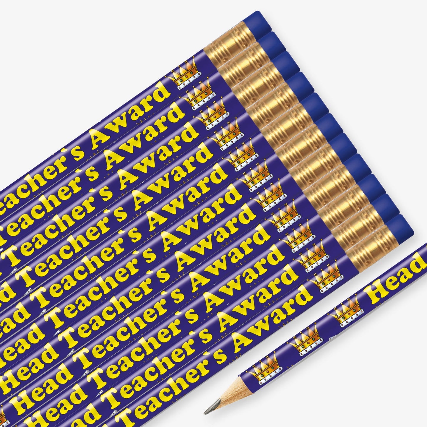 Set of 12 pre-sharpened pencils with erasers, each featuring a dark blue barrel with gold crowns and the phrase 'Head Teacher's Award' printed along the side in yellow text.