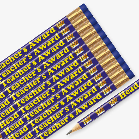 Set of 12 pre-sharpened pencils with erasers, each featuring a dark blue barrel with gold crowns and the phrase 'Head Teacher's Award' printed along the side in yellow text.