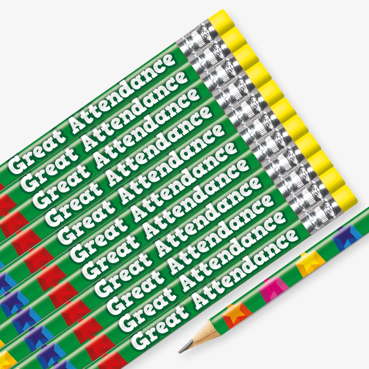 Set of 12 pre-sharpened pencils with erasers, each featuring a vibrant green barrel and bold white text reading 'Great Attendance' along the side.
