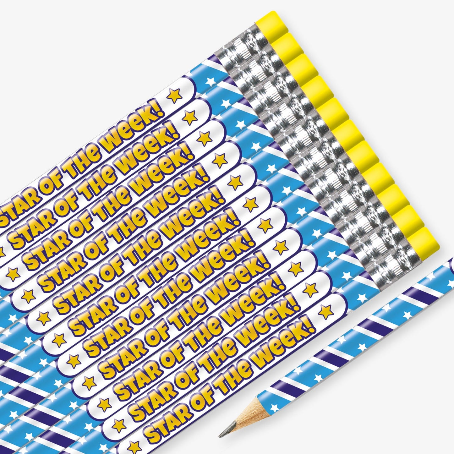 Set of 12 pre-sharpened pencils with erasers, each featuring a pale and dark blue spiral background with white stars and a central white section containing the wording  'Star of the Week' in yellow text.