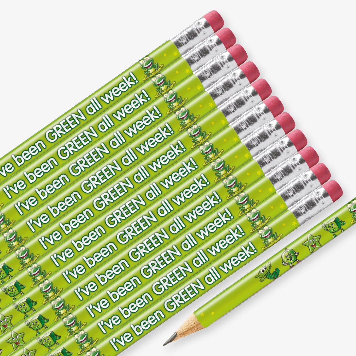 Set of 12 pre-sharpened pencils with erasers, each featuring a pale green background with icons such as a cheerful green frog, an apple, alien and a star and white text reading 'I've been GREEN all week' along the side.