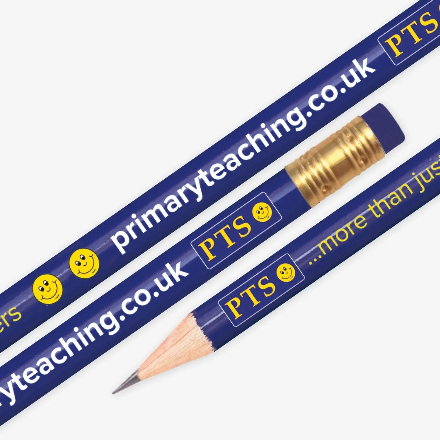 Dark blue pencil with eraser.  Branded with 'primaryteaching.co.uk' '…more than just stickers' and the PTS smiling yellow emoji face