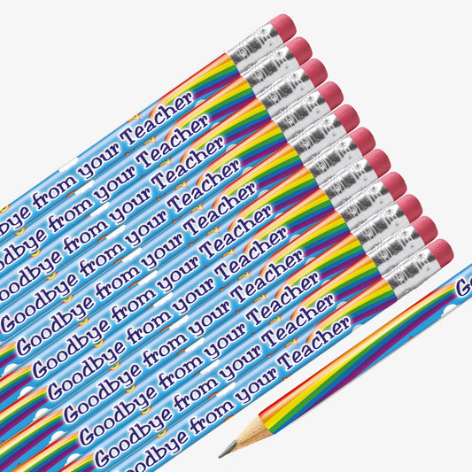 Set of 12 pre-sharpened pencils with erasers, each featuring a vibrant blue sky background with rainbows along to barrel and dark blue text reading 'Goodbye from your Teacher' along the side.