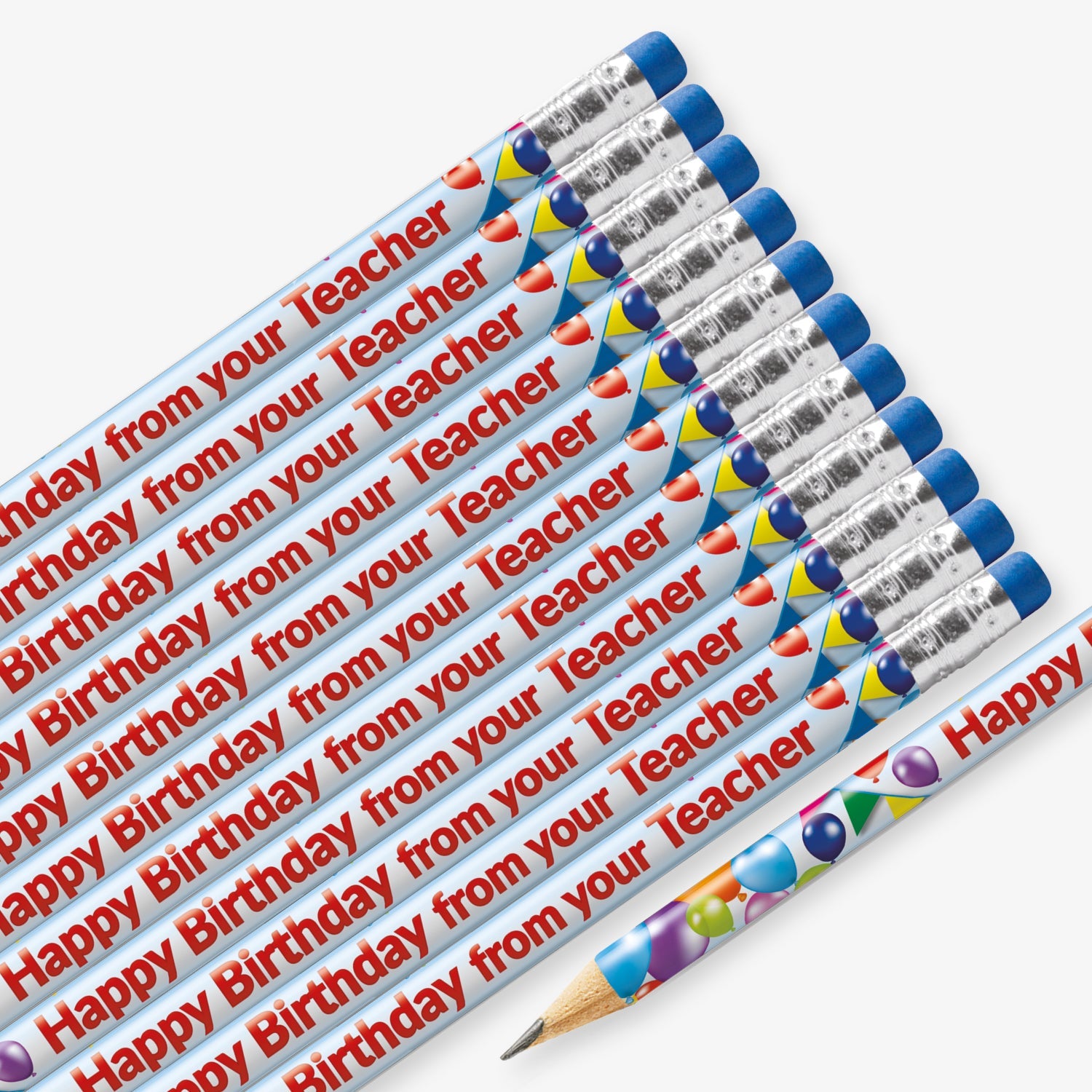 Set of 12 pre-sharpened pencils with erasers, each featuring a pale blue barrel with celebratory balloons and bunting and the phrase 'Happy Birthday from your Teacher' printed along the side in blod red text..