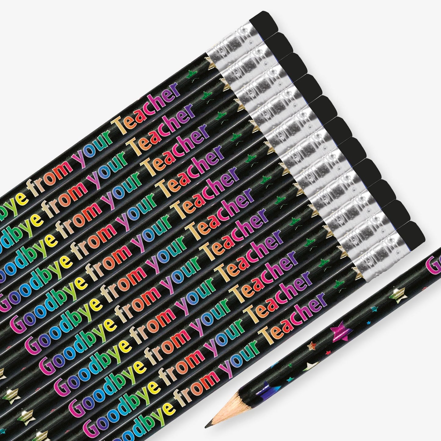 Set of 12 pre-sharpened pencils with erasers, each featuring a black background with multicoloured metallic stars and text reading 'Goodbye from your Teacher' along the side.